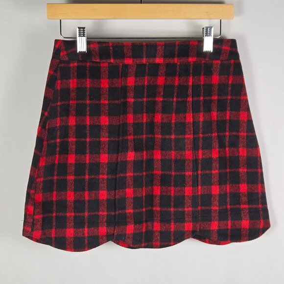 NWT Impressions Plaid‎ Mini Skirt Red Black Scalloped Hem Wool Blend S - Picture 1 of 9